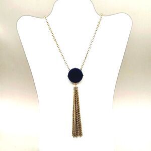 Gold Fashion Necklace with Navy Blue Circle Stone & Gold Tassels